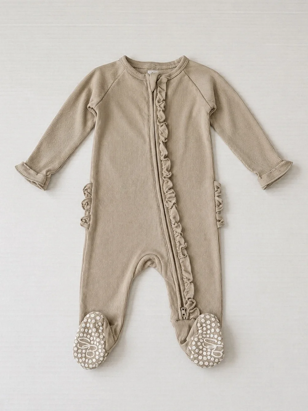 Sweet Bamboo Ruffle Footie Sleeper 3-6 Months Oatmeal Sustainable